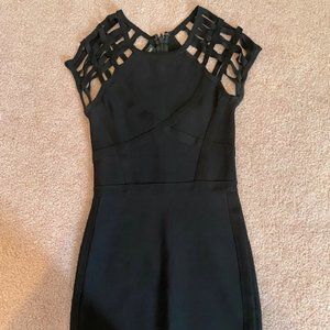 Bebe caged shoulder mini dress (black; size: M)